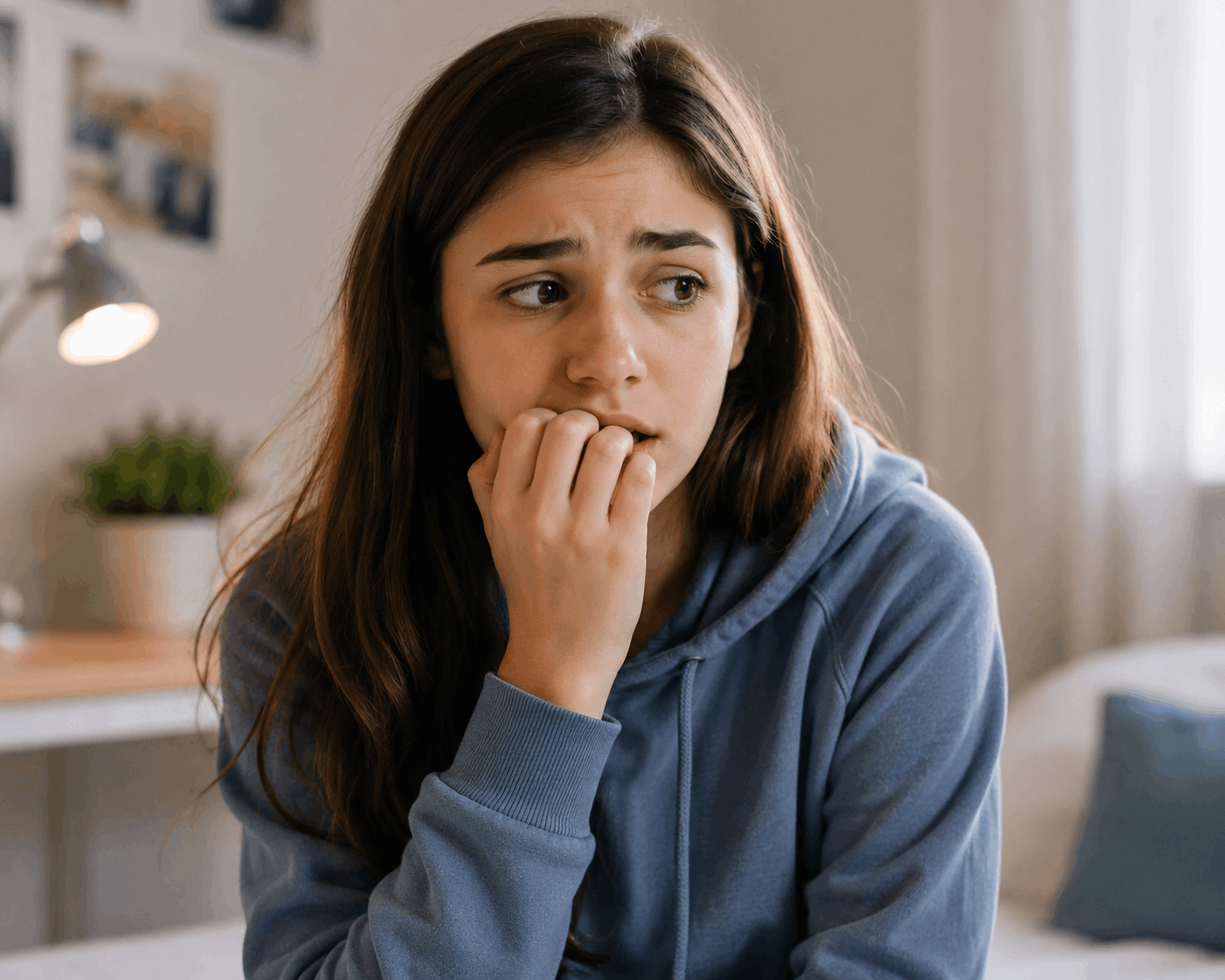 תמונת נערה מפוחדת כוססת ציפורניים, לפוסט בנושא טיפול קוגניטיבי התנהגותי בחרדות ועל ההבדל בין פחד לחקרדה.